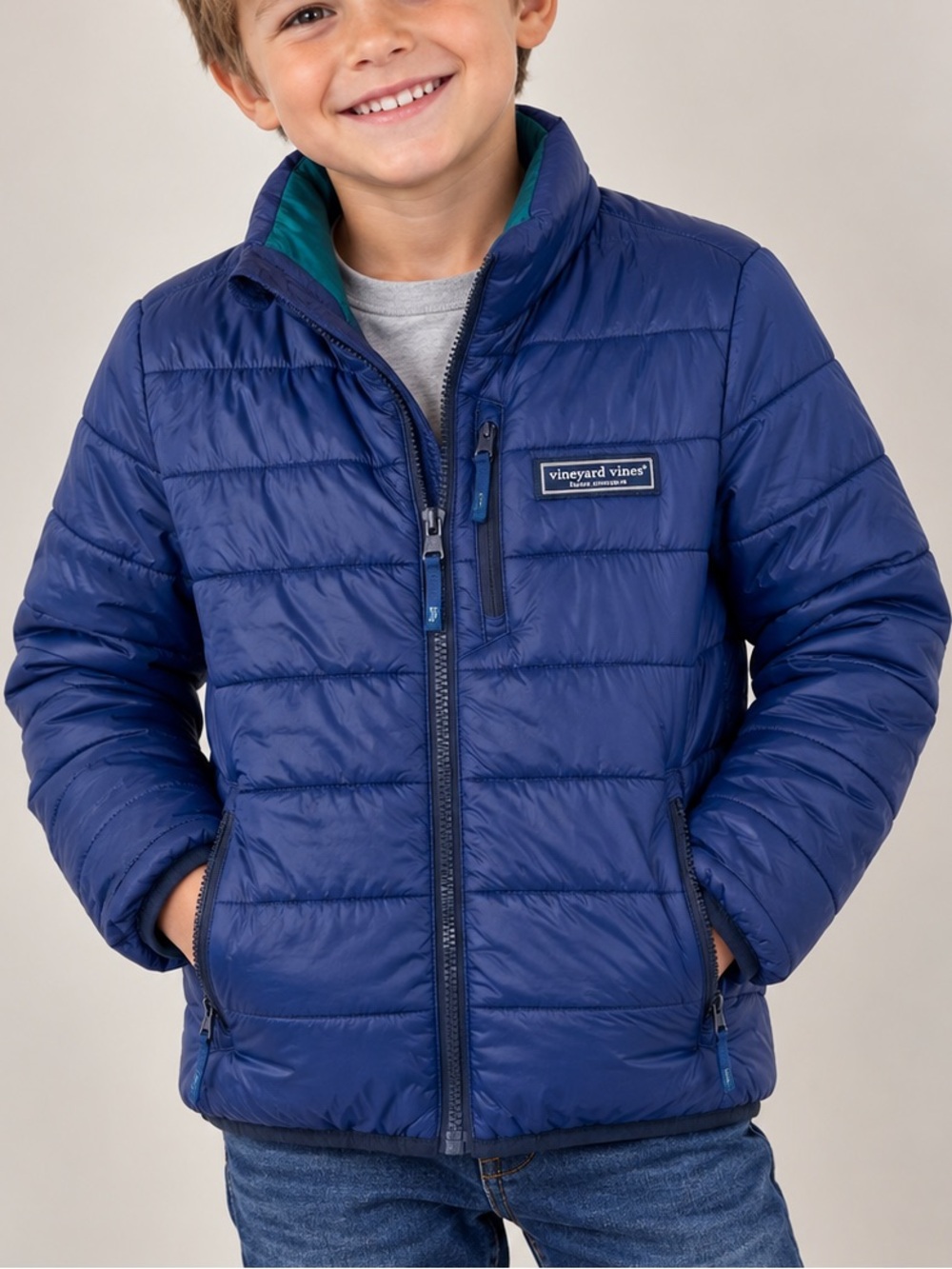 Vineyard Vines Size Small Boys Quilted Puffer Jacket Blue Green